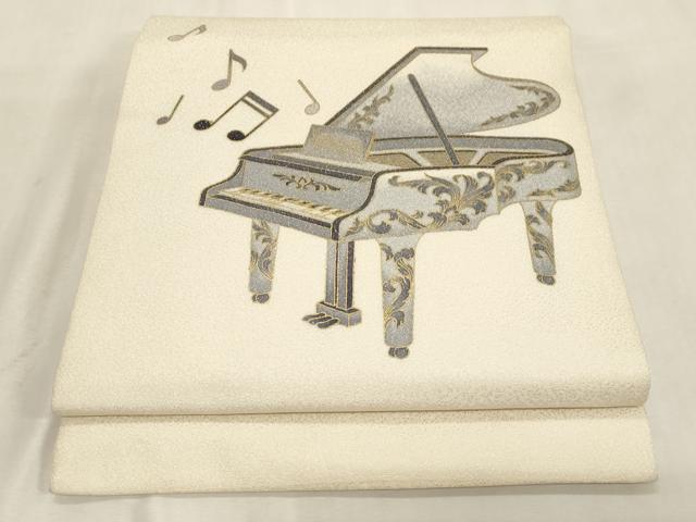 平和屋着物●九寸開き名古屋帯 楽器文 銀通し地 正絹 逸品 CABG9442dy