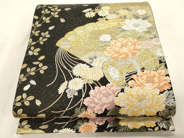 平和屋着物●六通柄袋帯 唐織 桧扇鼓花文 黒地 金銀糸 正絹 逸品 CABG9443dy
