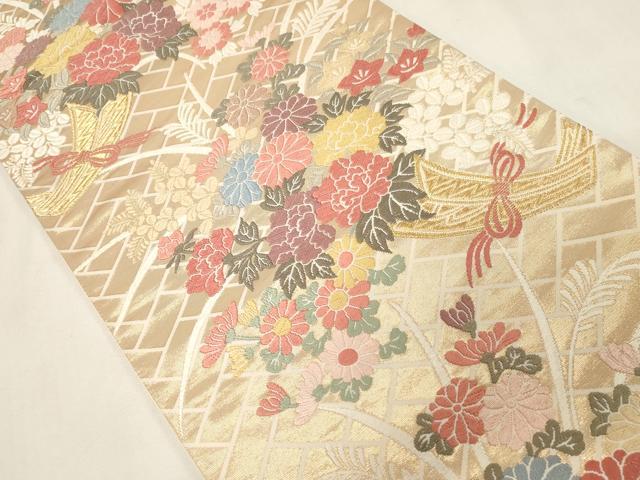 平和屋着物●西陣 六通柄袋帯 唐織 陶器花文 金糸 証紙付き 正絹 逸品 未使用 CABG9452dy