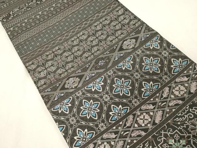 平和屋着物●全通柄袋帯 本場大島紬織 横段花鳥文 銀糸 正絹 逸品 未使用 CABG9456dy