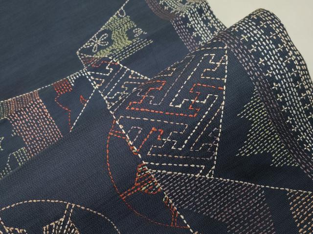 平和屋着物●太鼓柄袋帯 本場縞大島紬 刺し子 切嵌片輪車花文 正絹 逸品 CABG9472dy