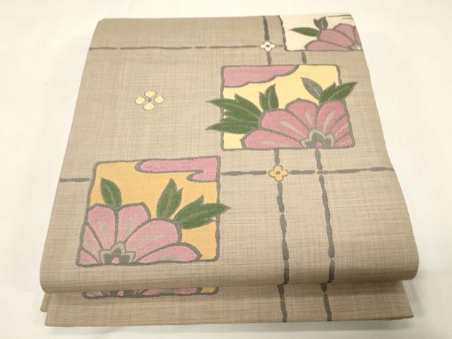 平和屋着物●六通柄袋帯 伯岳 格子花文 正絹 逸品 CABG9490dy
