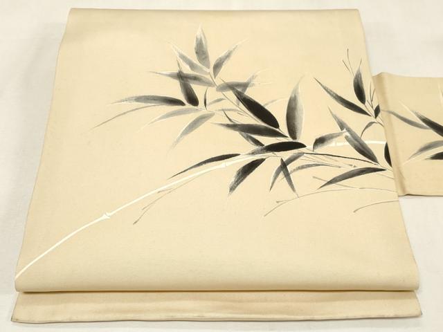 平和屋着物●塩瀬 九寸名古屋帯 手描き 笹竹文 正絹 逸品 CABG9516dy
