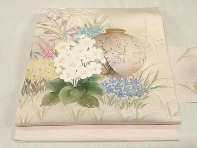 平和屋着物●塩瀬 九寸名古屋帯 作家物 手描き 草花文 金銀彩 正絹 逸品 CABG9518dy