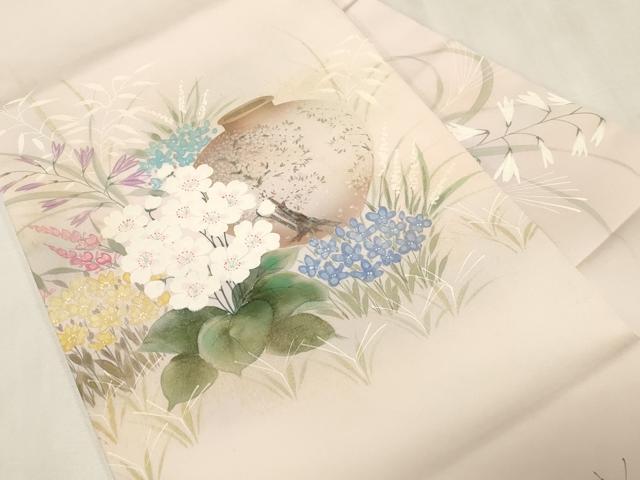 平和屋着物●塩瀬 九寸名古屋帯 作家物 手描き 草花文 金銀彩 正絹 逸品 CABG9518dy