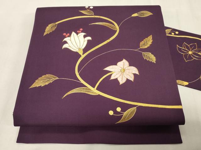 平和屋着物●塩瀬 九寸名古屋帯 駒刺繍 草花文 金彩 正絹 逸品 CABG9519dy