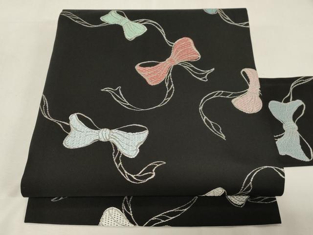 平和屋着物●九寸名古屋帯 唐織 リボン 黒地 銀糸 正絹 逸品 CABG9523dy