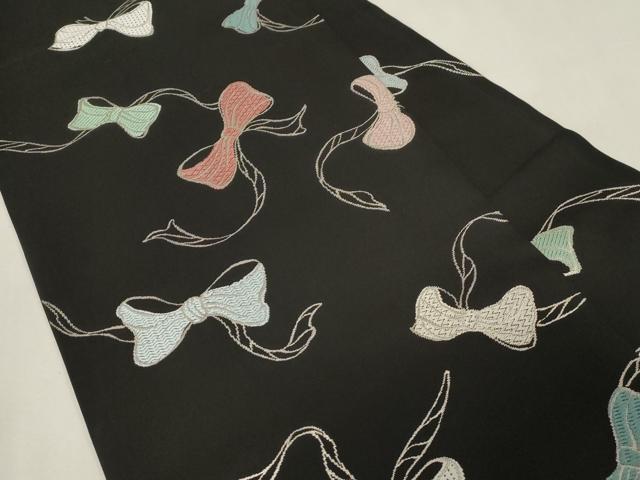 平和屋着物●九寸名古屋帯 唐織 リボン 黒地 銀糸 正絹 逸品 CABG9523dy