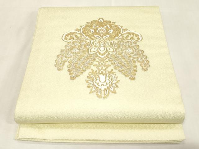 平和屋着物●九寸開き名古屋帯 駒刺繍 幾何学花文 金銀糸 正絹 逸品 未使用 CABG9527dy