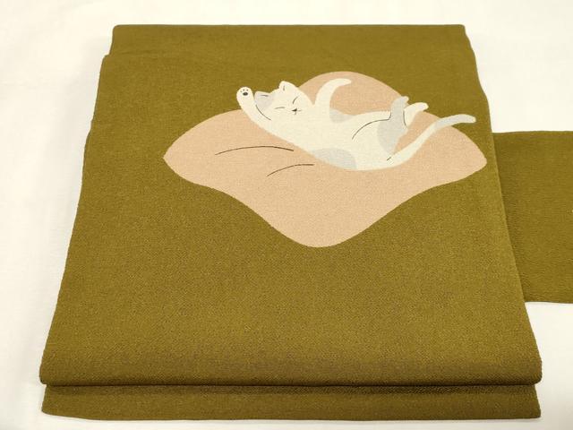 平和屋着物●九寸名古屋帯 猫 鬼しぼ縮緬 正絹 逸品 CABG9531dy