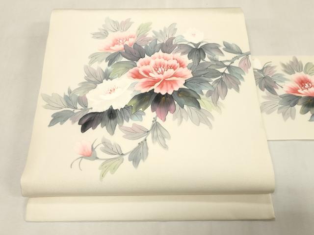 平和屋着物●内山晴祥 手描き 塩瀬 九寸名古屋帯 草花文 金彩 正絹 逸品 未使用 CABG9532dy