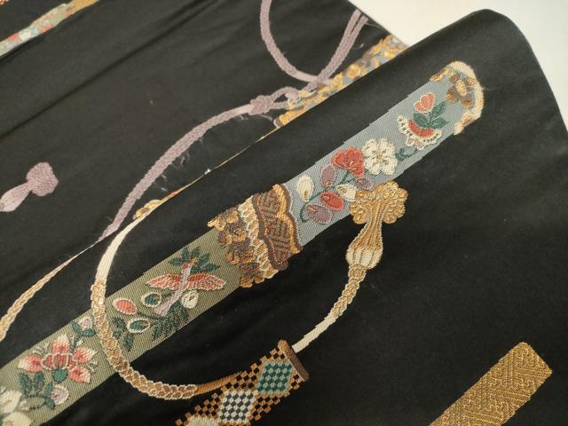 平和屋着物●六通柄袋帯 横段花文 黒地 金糸 正絹 逸品 CABG9560dy