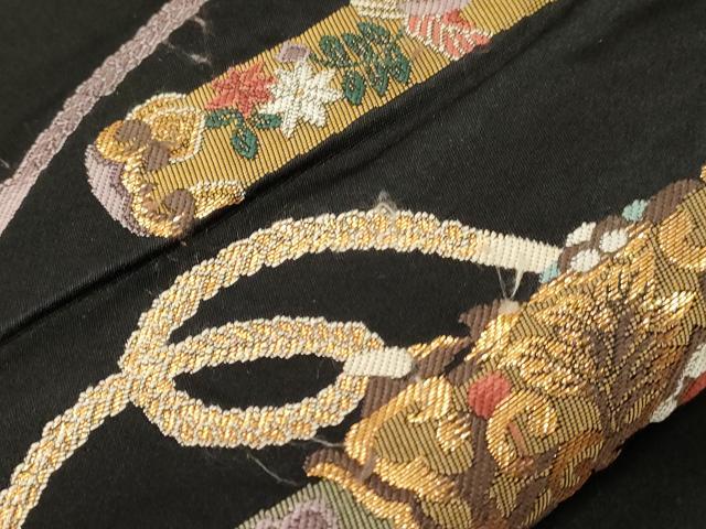 平和屋着物●六通柄袋帯 横段花文 黒地 金糸 正絹 逸品 CABG9560dy
