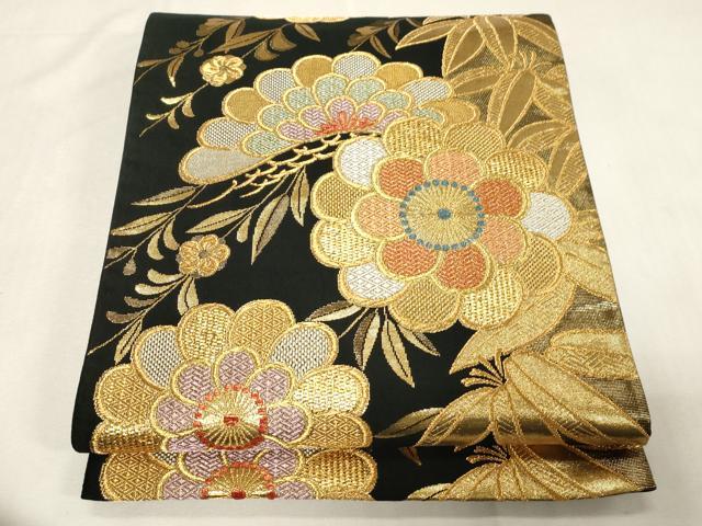 平和屋着物●六通柄袋帯 草花文 黒地 金銀糸 正絹 逸品 CABG9580dy