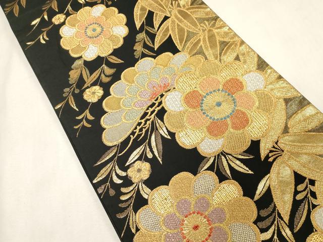 平和屋着物●六通柄袋帯 草花文 黒地 金銀糸 正絹 逸品 CABG9580dy