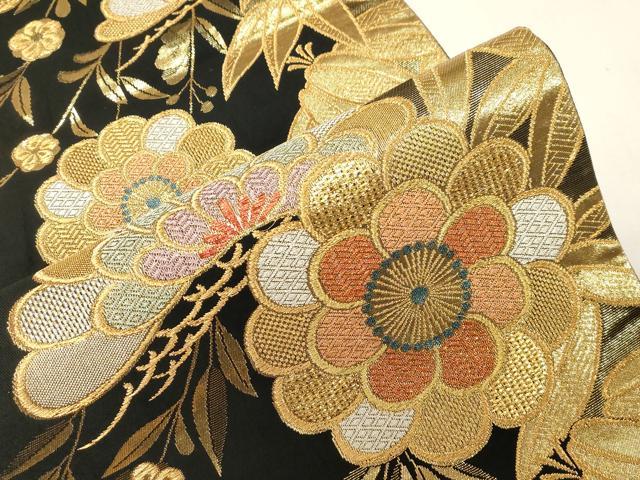平和屋着物●六通柄袋帯 草花文 黒地 金銀糸 正絹 逸品 CABG9580dy