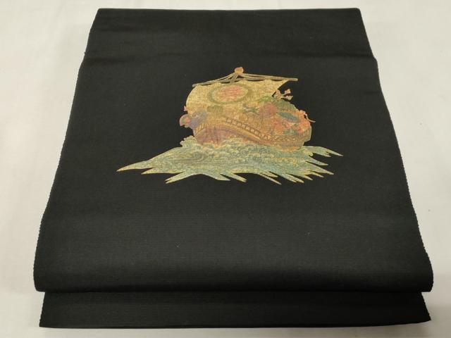 平和屋着物●両面 六通柄袋帯 松葉文 黒地 金糸 正絹 逸品 CABG9589dy