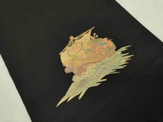 平和屋着物●両面 六通柄袋帯 松葉文 黒地 金糸 正絹 逸品 CABG9589dy