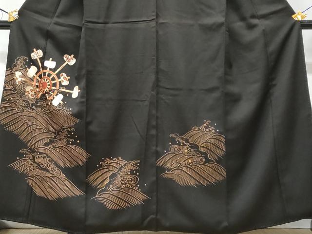 平和屋着物■訪問着 駒刺繍 立波 木槌車 黒地 金糸 正絹 逸品 CABG9621fb