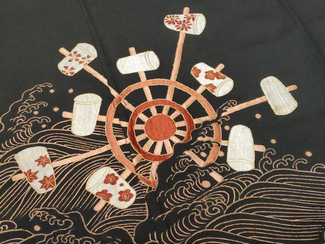 平和屋着物■訪問着 駒刺繍 立波 木槌車 黒地 金糸 正絹 逸品 CABG9621fb