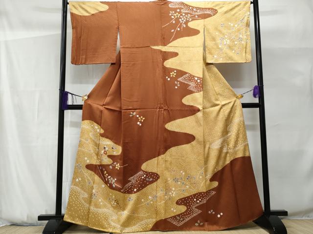 平和屋着物■訪問着 刺繍 絞り 流水枝花文 金糸 正絹 逸品 CABG9679fb