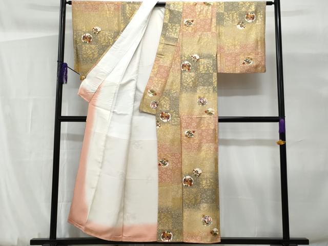 平和屋着物■上質な小紋 市松雪輪舞蝶花文 暈し染め 金彩 正絹 逸品 CABG9681fb