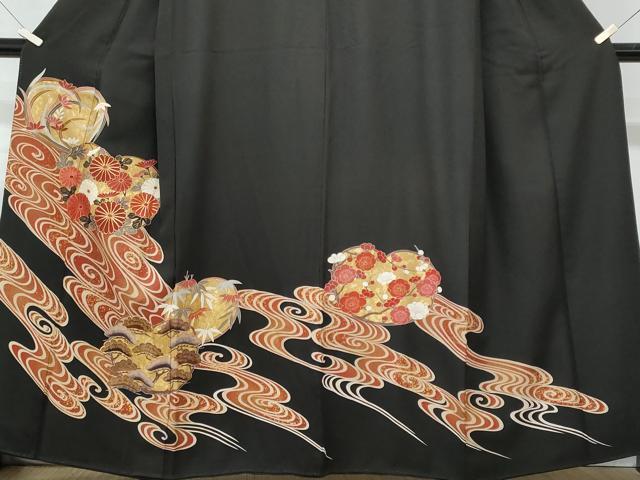 平和屋着物■豪華黒留袖 駒刺繍 流水草花文 金彩 正絹 逸品 CABG9711fb