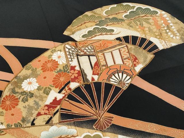 平和屋着物■豪華黒留袖 駒刺繍 扇面飛鶴御所車松竹梅 金彩 正絹 逸品 CABG9713fb