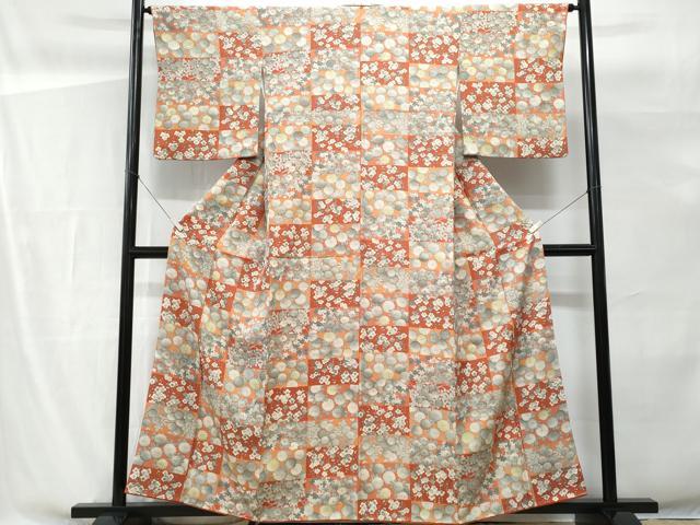 平和屋着物■上質な小紋 市松草花文 金彩 正絹 逸品 CABG9748fb
