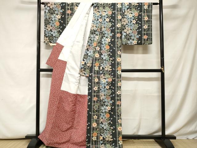 平和屋着物■小紋 格子花間道 黒地 金彩 洗える着物 CABH0024ev