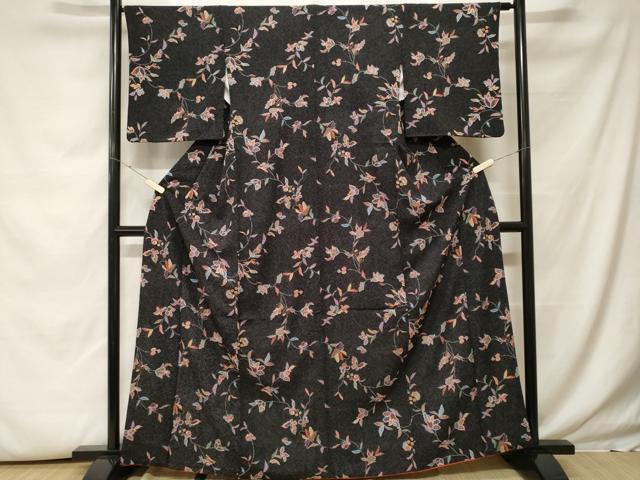 平和屋着物■小紋 更紗枝花蝶文 黒地 金彩 洗える着物 CABH0045ev