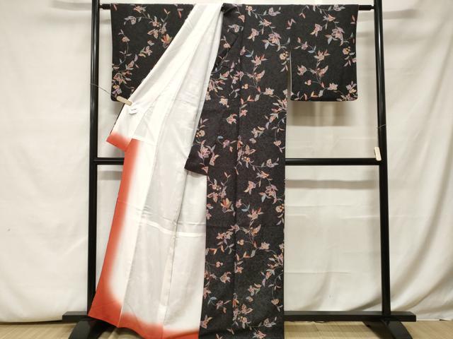 平和屋着物■小紋 更紗枝花蝶文 黒地 金彩 洗える着物 CABH0045ev
