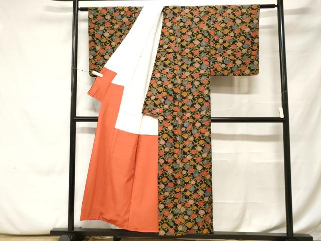 平和屋着物■上質な小紋 枝梅文 黒地 金彩 鬼しぼ縮緬 正絹 逸品 CABH0087ev