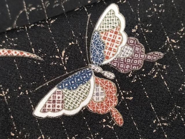 平和屋着物■小紋 露芝舞蝶文 黒地 洗える着物 CABH0179ev