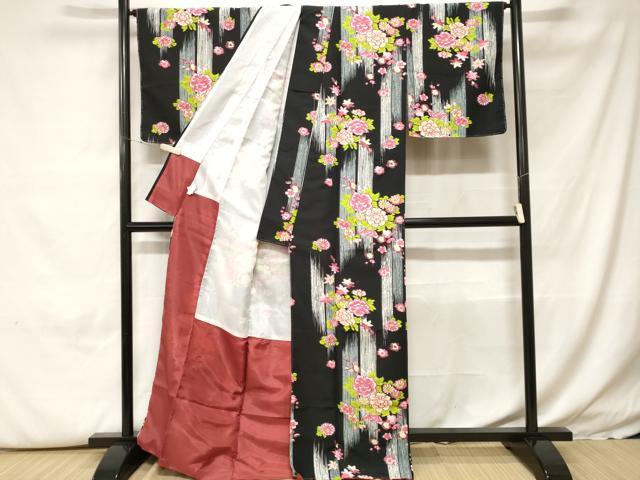 平和屋着物■小紋 枝花文 黒地 洗える着物 CABH0226ev