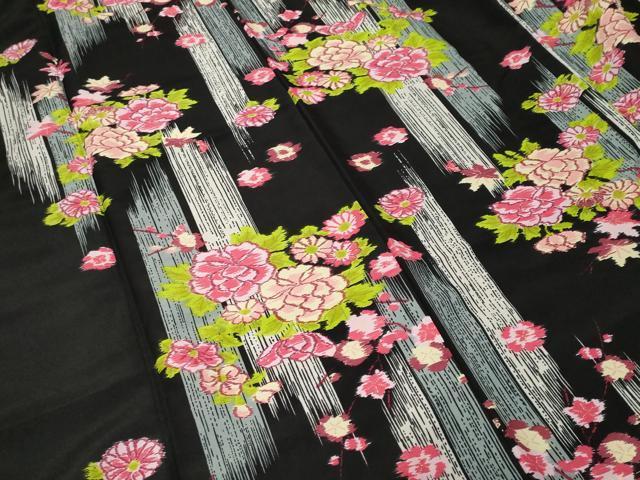 平和屋着物■小紋 枝花文 黒地 洗える着物 CABH0226ev