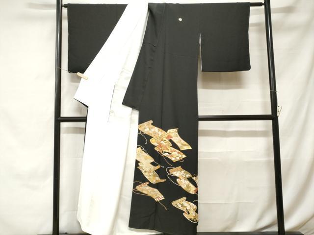 平和屋着物■豪華黒留袖 駒刺繍 巻絵草花文 金彩 正絹 逸品 CABH0391ev
