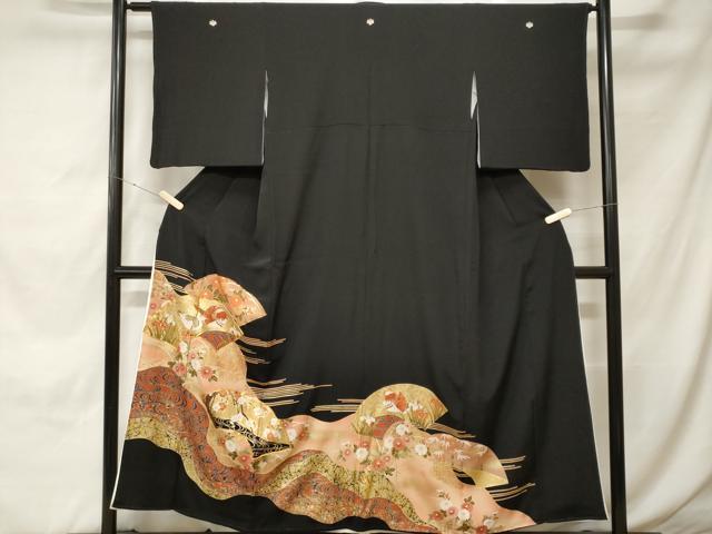 平和屋着物■豪華黒留袖 駒刺繍 地紙流水鴛鴦枝花文 暈し染め 金彩 正絹 逸品 CABH0435ev