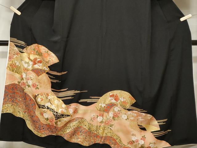 平和屋着物■豪華黒留袖 駒刺繍 地紙流水鴛鴦枝花文 暈し染め 金彩 正絹 逸品 CABH0435ev