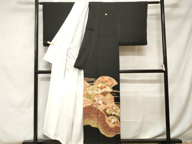 平和屋着物■豪華黒留袖 駒刺繍 地紙流水鴛鴦枝花文 暈し染め 金彩 正絹 逸品 CABH0435ev