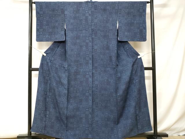 平和屋着物■上質な小紋 藍 型染め 市松吉祥草花文 正絹 逸品 CABH0447ev