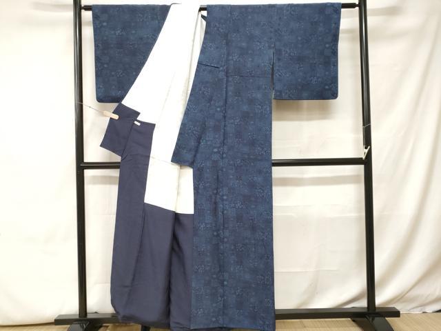 平和屋着物■上質な小紋 藍 型染め 市松吉祥草花文 正絹 逸品 CABH0447ev