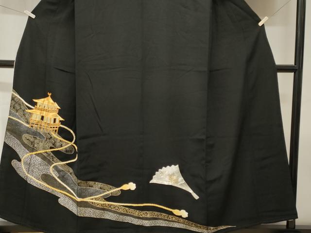平和屋着物■豪華黒留袖 駒刺繍 檜扇風景花文 金銀彩 正絹 逸品 CABH0506ev