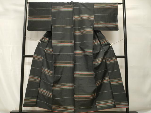 平和屋着物■上質な紬 横段文 黒地 正絹 逸品 CABH0606ev