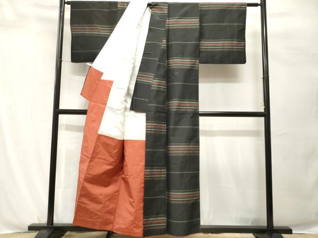 平和屋着物■上質な紬 横段文 黒地 正絹 逸品 CABH0606ev