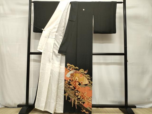 平和屋着物■豪華黒留袖 駒刺繍 地紙重ね鳳凰丸文 宝尽し 金彩 正絹 逸品 CABH0645ev