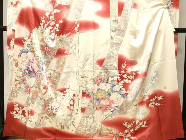 平和屋着物■日本工芸会正会員 福島輝子 振袖 駒刺繍 竹 枝花文 暈し染め 銀彩 正絹 逸品 CABH0703ev