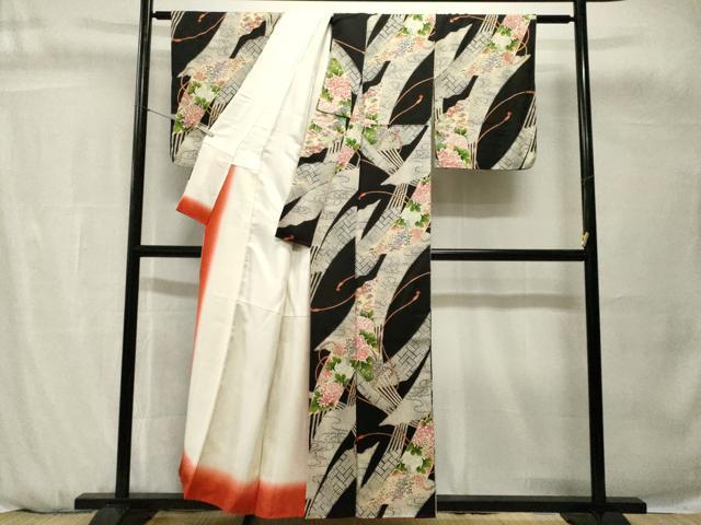 平和屋着物■上質な小紋 扇面花文 黒地 金彩 正絹 逸品 CABH0718ev