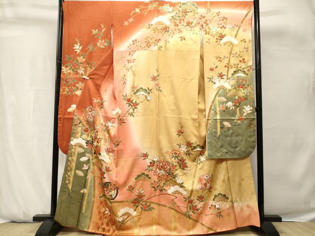 平和屋着物■豪華振袖 駒刺繍 松 花蝶丸文 暈し染め 金彩 正絹 逸品 CABH0748ev