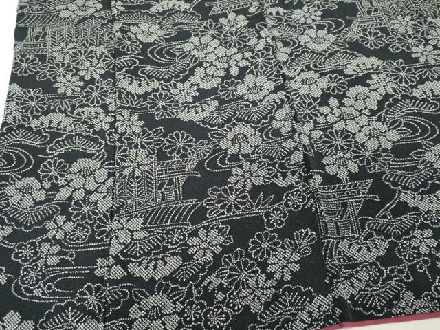 平和屋着物■上質な小紋 風景花松文 黒地 鬼しぼ縮緬 正絹 逸品 CABH0850ou